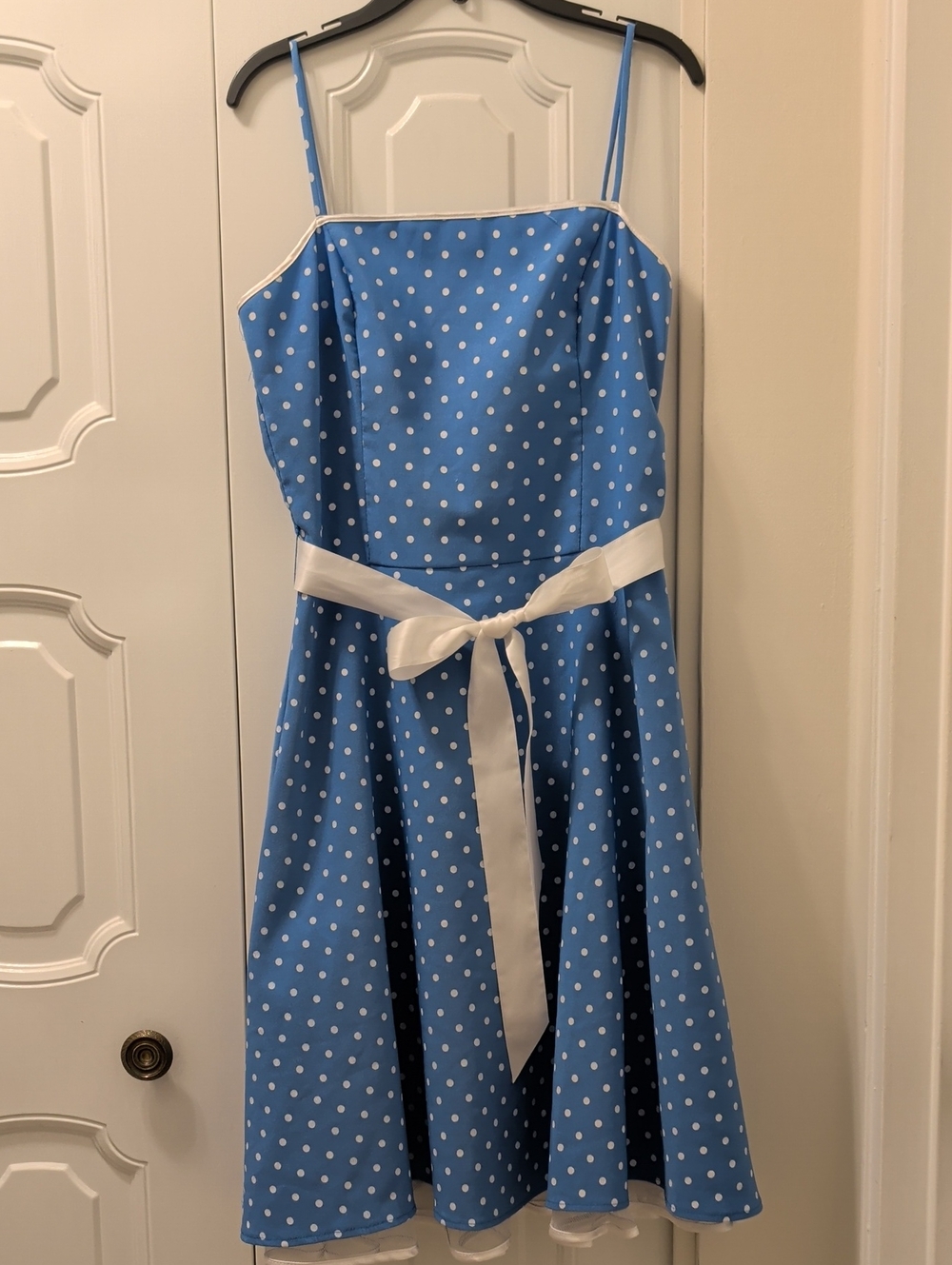 Blue Polka Dot A-Line Dress with White Sash Size Junior's Large